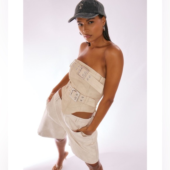 Tops - Faux Leather Bandeau Buckle Detail Dip Hem Corset